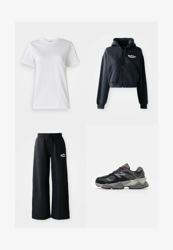Juodas trumpas gobtuvas, pagamintas iš švelnios medžiagos, su užtrauktuku priekyje, dviem priekinėmis kišenėmis ir balta siuvinėta tekstu kairėje krūtinės pusėje.; Balta medvilninė marškinėlių su apvaliu kaklu ir trumpomis rankovėmis. Audinys lygus, su švelnia tekstūra ir be matomų raštų ar akcentų.; Juodi plačiakulkai sportiniai kelnių su raišteliu juosmenyje. Kairėje pusėje yra siuvinėtas tekstas, pagaminti iš minkštos medvilnės mišinio medžiagos.; Juodos ir pilkos sportbačiai su zomšos ir tinklelio medžiagų mišiniu, storu padu, išsiskiriančiu logotipu ir raudona akcentu ant liežuvėlio.
