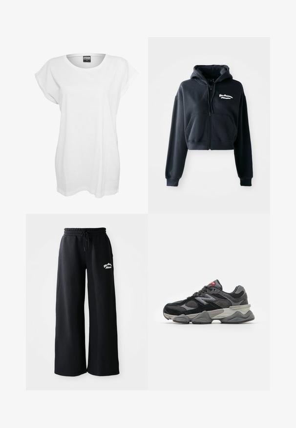 Sort cropped hoodie lavet af blødt stof, med lynlås foran, to frontlommer og hvid broderet tekst på venstre bryst.; Hvid kortærmet t-shirt lavet af bomuld, med en afslappet pasform, bred halsudskæring og minimalistisk design uden mønstre eller accenter.; Sorte breddebenede sweatpants med snøre i livet. Har broderet tekst på venstre side, lavet af blødt bomuldsblandingsmateriale.; Sort og grå sneakers med en kombination af ruskind og mesh-materialer, tyk sål, fremtrædende logo og rød accent på tungen.