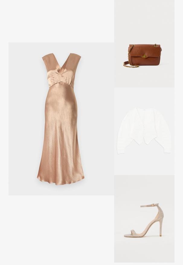 Cárdigan blanco corto hecho de tela de canalé, con un escote en V profundo, cierre de botones en la parte delantera y mangas abullonadas con detalles texturizados.; Largo vestido de color rosa dorado hecho de un material brillante, con un escote en V profundo, tirantes anchos y una silueta fluida. Textura suave.; Sandalia de tacón alto con tiras en oro rosa metálico, que presenta un upper texturizado, punta abierta y una correa en el tobillo con un detalle de hebilla dorada.; Bolso cruzado de cuero marrón con cierre de solapa, herrajes dorados y correa de cadena. Textura suave, forma rectangular, con un diseño mínimo.