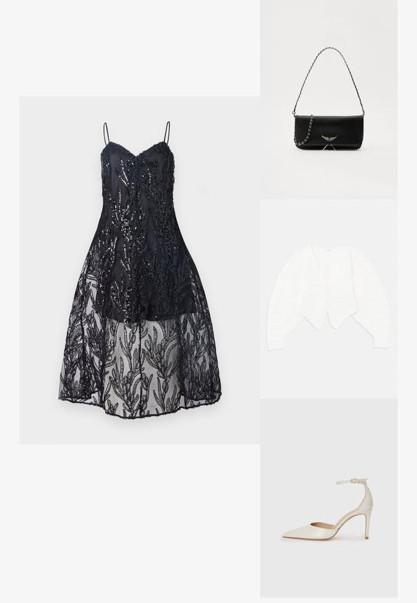 Bijela skraćena kardigan izrađena od rebrastog materijala, s dubokim V-izrezom, prednjim zatvaranjem na dugmad i nabranim rukavima s teksturiranim detaljima.; Crna haljina s pripijenim gornjim dijelom i tankim trakama, ukrašena štrasom na čipki, te lepršavom prozirnom čipkastom suknjom s uzorkom lišća.; Bijela kožna visoko potpetica s oštrim vrhom, remenom oko članaka i tankom stiletto potpeticom. Glatka tekstura s blagim sjajnim završetkom.; Crna kožna torba s srebrnim lanac strapom, s dekorativnim krilnim naglascima i bijelim šavovima duž donjeg šava.