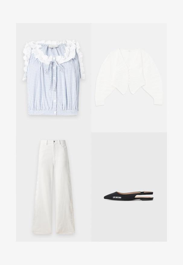 Cardigan court blanc en tissu côtelé, avec un décolleté en V profond, une fermeture à boutons à l'avant et des manches bouffantes avec des détails texturés.; Blouse cropped en vichy bleu et blanc avec un col en dentelle blanche froncé, des boutons sur le devant et un cordon à nouer au niveau du cou.; Jeans blancs à jambes larges en denim, présentant des motifs brodés sur les côtés et un design traditionnel à cinq poches. Fermeture éclair avec un bouton.; Ballerines noires à bride arrière avec bouts pointus, fabriquées en matériau lisse. Elles présentent un marquage blanc "LOVE MOSCHINO" et un design minimaliste.