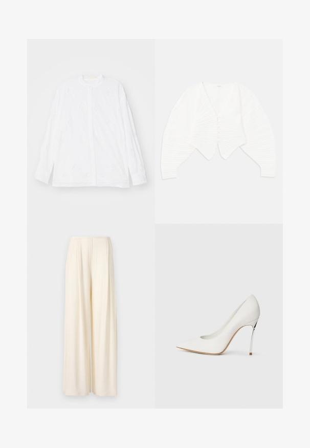 Baltas trumpas kardiganas, pagamintas iš glotnaus audinio, su giliu V formos iškirpimu, priekyje su mygtukais ir pūstomis rankovėmis su tekstūruotu akcentu.; Erdem LONG SLEEVE OPEN BACK - Užsagstoma palaidinė - white; Norma Kamali MENS PLEAT - Kelnės - cream; Balti aukštakulniai bateliai su smailiu pirštu, padengti smulkia blizgučių tekstūra. Sidabrinis metalinis kulnas suteikia kontrasto. Elegantiškas dizainas.