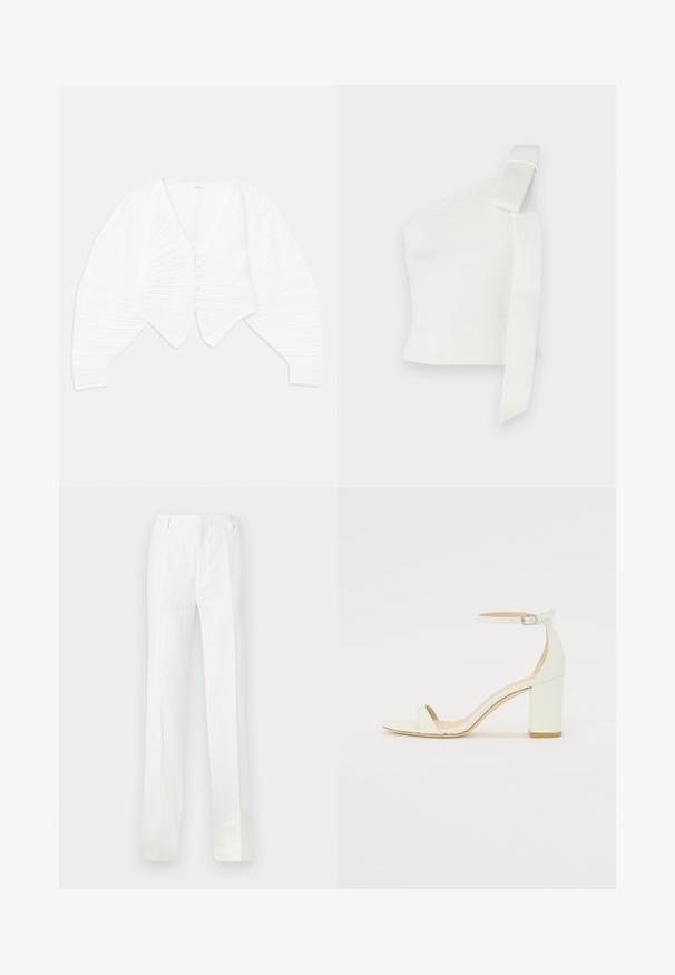 Witte cropped cardigan gemaakt van ribgebreid materiaal, met een diepe V-halslijn, knoopsluiting aan de voorkant en geplooide mouwen met textuurdetails.; Asymmetrische witte top gemaakt van textuurstof. Heeft een enkele schouderband met een strikdetail, wat het moderne ontwerp benadrukt.; Witte, rechte broek gemaakt van een lichtgewicht stof. Kenmerkt zich door een platte voorkant, riemlussen en geen zichtbare patronen of versieringen.; Witte leren sandaal met blokhak, voorzien van een enkelsluitsel met een gesp en een minimalistisch design. Open teen en gladde texturen overal.