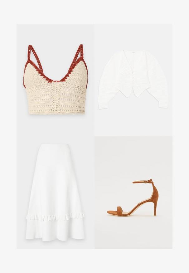 Bela skrajšana kardigan iz rebraste tkanine, z globokim V-izrezom, sprednjim zapiranjem na gumb in napihnjenimi rokavi z teksturiranimi detajli.; Kvačkana bralette v kremni in rjavi barvi, ki vključuje trikotne skodelice, nastavljive naramnice ter odprto tkanino z zapletenimi detajli.; Bela razširjena krila iz teksturirane tkanine, z nabranim robom in izrezljanim vzorcem, z gladkim pasom in dolžino do kolen.; Rjave suedne sandale na visoki pet, ki vključujejo tanko ankletno zaponko z zlatim zatičem, odprto toe ter eleganten, minimalističen dizajn.