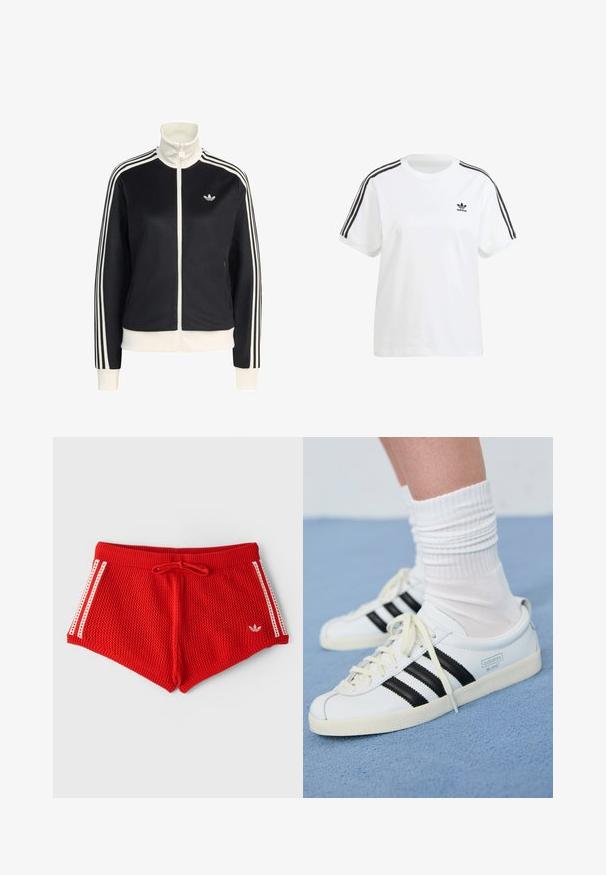 Melna sporta jaka ar augstu apkakli, baltu rāvējslēdzēju un divām sānu kabatām. Piedurkņu garumā baltas svītras un neliels logotips uz krūtīm.; Balts kokvilnas T-kreklis ar īsām piedurknēm, apaļu kaklu un melnām vertikālām svītrām uz pleciem, ar mazu melnu logotipu uz krūšu.; Sarkani adīti šorti ar ribotu jostasvīru, saites vilkšanai un baltām sānu svītrām. Priekšējā kreisajā pusē ir neliela balta logo.; Baltas ādas sporta apavi ar melnām svītrām, krēmkrāsas zole un gaišām auklām. Valkāti ar baltām kordētām zeķēm, novietoti uz zila fona.