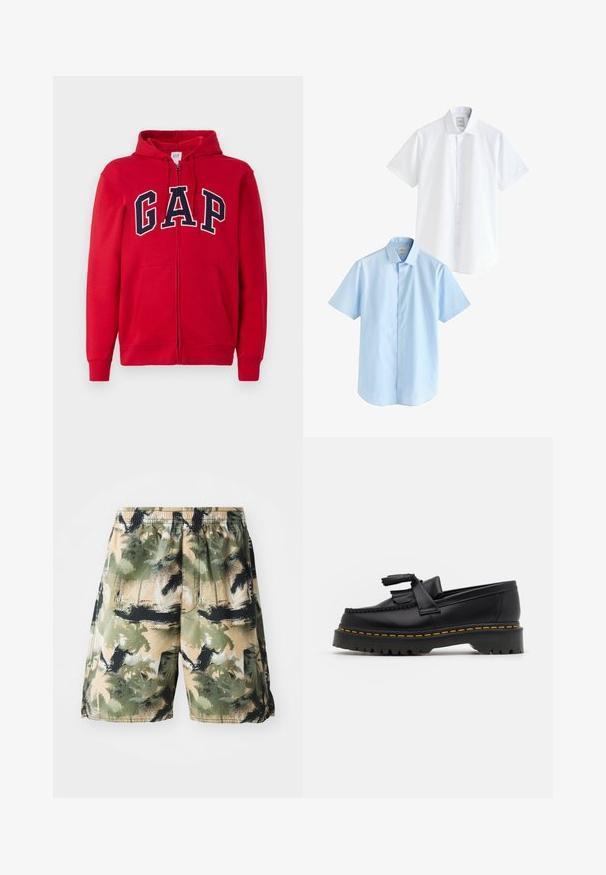 Crvena dukserica na zatvaranje od pamuka, s istaknutim mornarsko plavim "GAP" logotipom na prsima, kapuljačom i prednjim džepovima.; Dva kratka rukava: jedan bijeli i jedan svijetloplavi. Oboje imaju dugmad sprijeda, ovratnik, glatku pamučnu tkaninu i klasičan kroj.; Muške kupaće gaće s laganom, prozračnom tkaninom i tropskim uzorkom palmi u zelenoj, crnoj i bež boji. Uključena elastična pojas.; Crna kožna loaferica s resicama, koja ima čvrst crni potplat i žute šavove duž ruba. Teksturirana završna obrada.