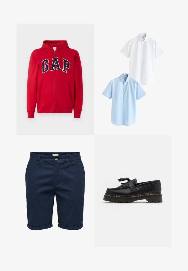 Rdeča zip-up kapuca iz bombaža, z izstopajočim mornarsko modrim logotipom "GAP" čez prsi, kapuco in sprednjima žepoma.; Dve majice s kratkimi rokavi: ena bela in ena svetlo modra. Obe imata gumbno zapiranje spredaj, ovratnik, gladko bombažno tkanino in standardni kroj.; Kratke hlače mornarsko modre barve, izdelane iz teksturiranega blaga, z gumbom za zapiranje, zavihanimi robovi in stranskimi žepi, ki imajo subtilen vzorec.; Črne usnjene loafersice s kaširanim naglasom, z debelim črnim podplatom in rumenim šivom ob robu. Teksturirana površina.