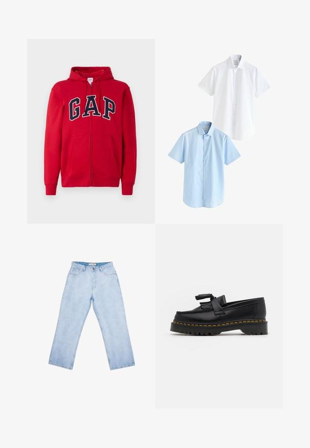 Czerwona bluza z kapturem zapinana na zamek, wykonana z bawełny, z wyraźnym granatowym logiem "GAP" na klatce piersiowej, z kapturem i przednimi kieszeniami.; Dwie koszule z krótkim rękawem: jedna biała, a druga jasnoniebieska. Obie mają zapięcie na guziki z przodu, kołnierzyk, gładką bawełnianą tkaninę oraz standardowy fason.; Jasnoniebieskie dżinsy o prostym kroju nogawki, elastycznym pasie i stylu pięciu kieszeni. Gładka faktura i minimalne detale szwów.; Czarny skórzany mokasyn z frędzelkowymi akcentami, z masywną czarną podeszwą i żółtym przeszyciem wzdłuż krawędzi. Teksturowane wykończenie.