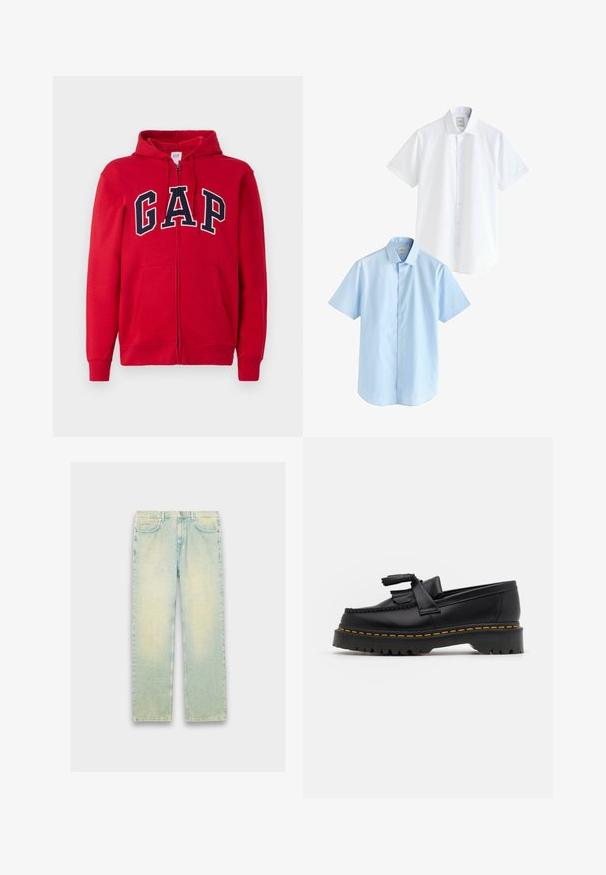 Roten Reißverschluss-Hoodie aus Baumwolle mit einem auffälligen marineblauen "GAP"-Logo auf der Brust, Kapuze und Fronttaschen.; Zwei kurzärmelige Hemden: eines in Weiß und eines in Hellblau. Beide verfügen über eine knopfleiste, einen kragenförmigen Ausschnitt, glattes Baumwollgewebe und eine normale Passform.; Hellblaue Denim-Jeans mit lockerer Passform, ausgestattet mit fünf Taschen, einem Reißverschluss und einem ausgewaschenen Finish an Oberschenkeln und Knien.; Schwarze Lederloafers mit einem fransenverzierten Akzent, ausgestattet mit einer robusten schwarzen Sohle und gelber Naht entlang der Kante. Texturierte Oberfläche.