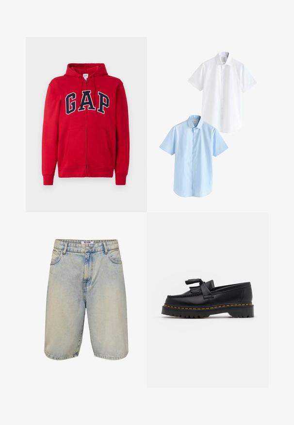 Rdeča zip-up kapuca iz bombaža, z izstopajočim mornarsko modrim logotipom "GAP" čez prsi, kapuco in sprednjima žepoma.; Dve majice s kratkimi rokavi: ena bela in ena svetlo modra. Obe imata gumbno zapiranje spredaj, ovratnik, gladko bombažno tkanino in standardni kroj.; Svetrno modre jeans kratke hlače z zbledelim učinkom, gumbom za zapiranje, petimi žepi in všitimi poudarki ob robu in robovih žepov.; Črne usnjene loafersice s kaširanim naglasom, z debelim črnim podplatom in rumenim šivom ob robu. Teksturirana površina.