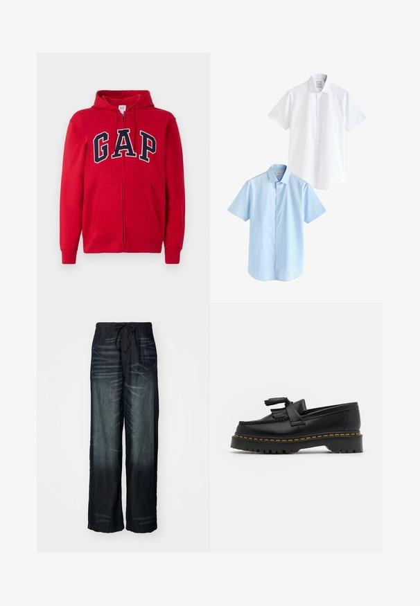 Roten Reißverschluss-Hoodie aus Baumwolle mit einem auffälligen marineblauen "GAP"-Logo auf der Brust, Kapuze und Fronttaschen.; Zwei kurzärmelige Hemden: eines in Weiß und eines in Hellblau. Beide verfügen über eine knopfleiste, einen kragenförmigen Ausschnitt, glattes Baumwollgewebe und eine normale Passform.; Weite Jeans mit allmählichem Farbverlauf in dunklem Denim. Verfügt über einen elastischen Bund mit Kordelzug. Glatte Textur mit dezenten Abnutzungsspuren.; Schwarze Lederloafers mit einem fransenverzierten Akzent, ausgestattet mit einer robusten schwarzen Sohle und gelber Naht entlang der Kante. Texturierte Oberfläche.