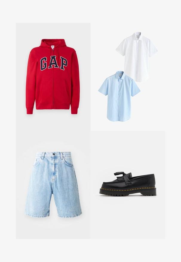 Hanorac roșu cu fermoar, realizat din bumbac, având un logo mare navy "GAP" pe piept, cu glugă și buzunare frontale.; Două cămăși cu mânecă scurtă: una albă și una albastru deschis. Ambele au deschidere cu nasturi, guler, țesătură de bumbac fin și croială standard.; Shorts din denim de culoare albastru deschis, cu talie înaltă, având două buzunare frontale, închidere cu nasture și detalii cu margine destrămată. Design lejer.; Mocasini din piele neagră cu un accent ciufulit, având o talpă groasă neagră și cusături galbene pe margine. Finisaj texturat.