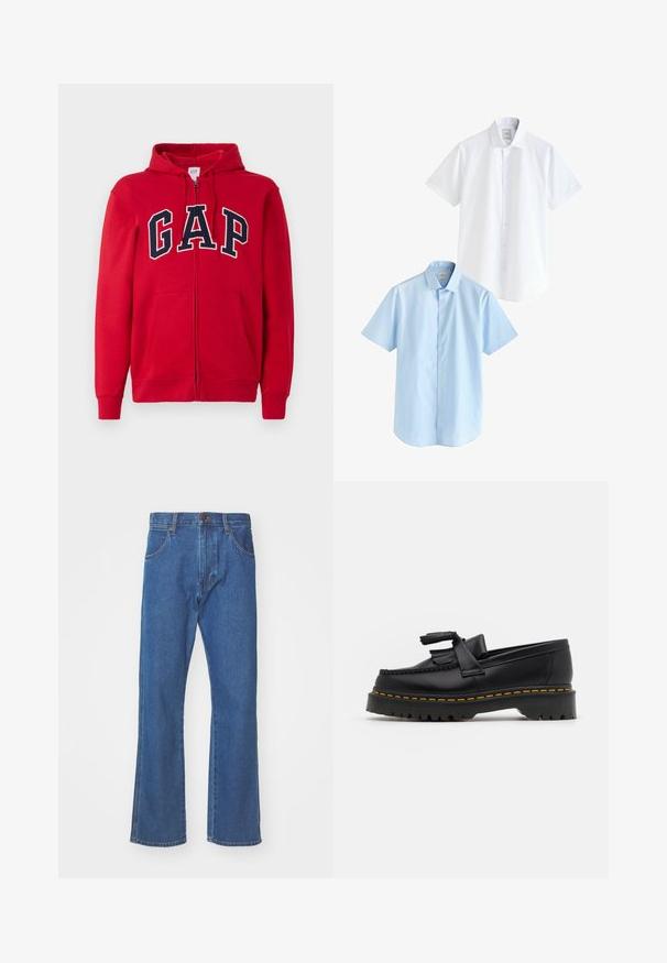 Punane kapuutsiga fliis, mis on valmistatud puuvillast, millel on rinnal silmatorkav tumesinine "GAP" logo, koos kapuutsi ja eesmiste taskutega.; Kaks lühikeste varrukatega särki: üks valge ja teine helesinine. Mõlemal on nööpide eesmine kinnitamine, kraega kaelus, sile puuvillane kangas ja tavaline lõige.; Sinine denimist teksad sirge jala lõikega, viie taskuga ja naba sulgemisega. Keskmise raskusega kangas, millel on sile pind.; Mustmust musta loafer, millel on frantsiisi aktsent, paks must tald ja kollane õmblus servas. Tekstuuriga viimistlus.