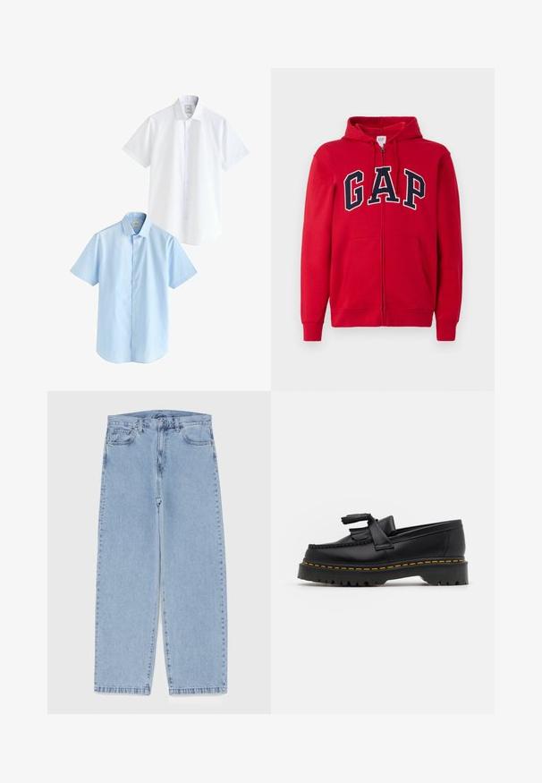 Rdeča zip-up kapuca iz bombaža, z izstopajočim mornarsko modrim logotipom "GAP" čez prsi, kapuco in sprednjima žepoma.; Dve majice s kratkimi rokavi: ena bela in ena svetlo modra. Obe imata gumbno zapiranje spredaj, ovratnik, gladko bombažno tkanino in standardni kroj.; Svijetloplave traperice s ravnim nogavicama, srednjeg struka, pet džepova te zatvaranjem na gumb i munju.; Črne usnjene loafersice s kaširanim naglasom, z debelim črnim podplatom in rumenim šivom ob robu. Teksturirana površina.