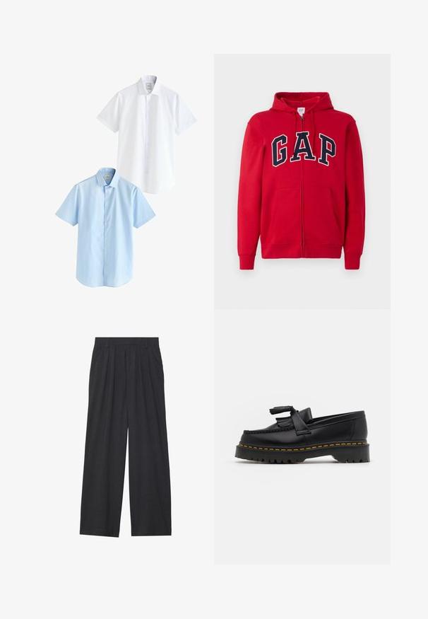 Rode rits-hoodie gemaakt van katoen, met een opvallend marineblauw "GAP" logo over de borst, voorzien van een capuchon en frontzakken.; Twee T-shirts met korte mouwen: een witte en een lichtblauwe. Beide hebben een knoopsluiting aan de voorkant, een gekraagde halslijn, een gladde katoenen stof en een standaard pasvorm.; Wijd-uitlopende broeken van donkergrijze stof. Kenmerken zijn plooien bij de taille, een tailor-made ontwerp en een rechte silhouet.; Zwarte leren loafers met een franjesaccent, voorzien van een dikke zwarte zool en gele stiksels langs de rand. Gevoelige afwerking.