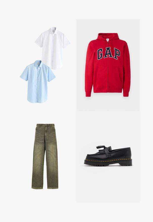 Felpa rossa con zip, realizzata in cotone, con un prominente logo navy "GAP" sul petto, cappuccio e tasche frontali.; Due camicie a manica corta: una bianca e una azzurro chiaro. Entrambe presentano un'apertura con bottoni, colletto, tessuto di cotone liscio e vestibilità standard.; Jeans a gamba larga in denim verde oliva, con dettagli di cuciture curve, chiusura con bottone classico e finitura scolorita.; Mocassino in pelle nera con un'accento a frange, dotato di una suola nera spessa e cuciture gialle lungo il bordo. Finitura testurizzata.
