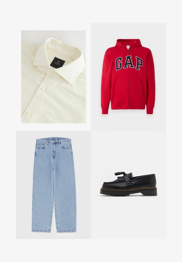 Červená mikina so zipsom vyrobená z bavlny, s výrazným námorníckym logom "GAP" na hrudi, s kapucňou a prednými vreckami.; Krémová košeľa s golierom z textúrovaného materiálu, so čiernou značkou "NEXT" a bielymi gombíkmi pozdĺž prednej légy.; Svetlomodré denimové džínsy s rovnými nohavicami, s polovysokým pásom, piatimi vreckami a zapínaním na gombík a zips.; Čierne kožené loafre s detailom na strapcoch, s masívnou čiernou podrážkou a žltým prešitím pozdĺž okraja. S textúrovaným povrchom.
