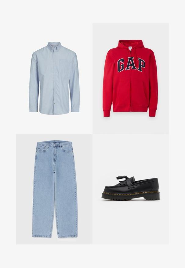 Red zip-up hoodie made of cotton, featuring a prominent navy "GAP" logo across the chest, with a hood and front pockets.; Striped long-sleeve shirt in light blue and white, featuring a button-down collar, chest pocket, and straight cut. Cotton blend fabric.; Light blue denim jeans with straight leg design, featuring a mid-rise waist, five pockets, and a button and zipper closure.; Black leather loafer with a tasseled accent, featuring a chunky black sole and yellow stitching along the edge. Textured finish.