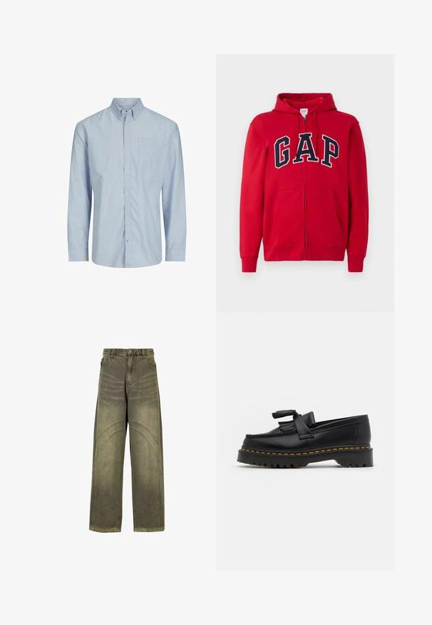 Roten Reißverschluss-Hoodie aus Baumwolle mit einem auffälligen marineblauen "GAP"-Logo auf der Brust, Kapuze und Fronttaschen.; Gestreiftes Langarmshirt in Hellblau und Weiß, mit Button-Down-Kragen, Brusttasche und geradem Schnitt. Baumwollmischgewebe.; Olivengrüne Jeans mit weitem Bein aus Denim, ausgestattet mit geschwungenen Nahtakzenten, klassischen Knopfverschluss und einem verwaschenen Finish.; Schwarze Lederloafers mit einem fransenverzierten Akzent, ausgestattet mit einer robusten schwarzen Sohle und gelber Naht entlang der Kante. Texturierte Oberfläche.