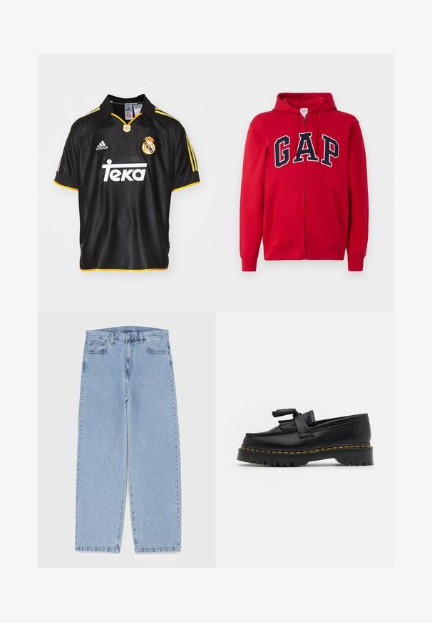 Punainen vetoketjullinen huppari, joka on valmistettu puuvillasta, ja siinä on näkyvä tummansininen "GAP" -logo rinnassa, hupullinen ja edessä taskut.; Musta jalkapallopaita, joka on valmistettu hengittävästä kankaasta. Värityksessä keltaisia yksityiskohtia, brodeerattu logo ja sponsori logo valkoisena. Klassinen kaulustyyli.; Vaaleansiniset farkut suoran lahkeen muotoilulla, joissa on puolivälin vyötärö, viisi taskua sekä nappi- ja vetoketjusuljenta.; Musta nahkakengät, joissa on tupsuakkentti, paksu musta pohja ja keltainen ommel reunassa. Rakeinen pinta.