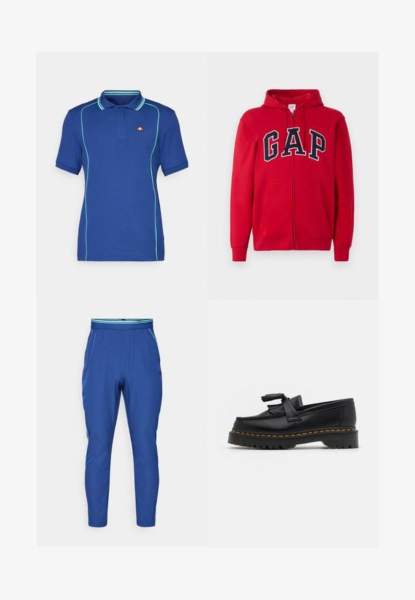 Červená mikina so zipsom vyrobená z bavlny, s výrazným námorníckym logom "GAP" na hrudi, s kapucňou a prednými vreckami.; Námornícky modrá polo košeľa s kontrastnými svetlomodrými vláknami, krátke rukávy a rebrovaný golier; obsahuje malé logo značky na hrudi.; Modré športové nohavice so zúženým strihom, elastickým pásom a kontrastnými zelenými pruhmi po stranách. Vyrobené z ľahkého materiálu.; Čierne kožené loafre s detailom na strapcoch, s masívnou čiernou podrážkou a žltým prešitím pozdĺž okraja. S textúrovaným povrchom.