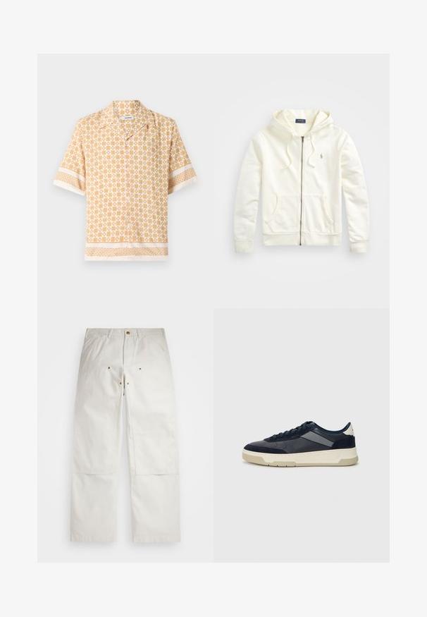 Bijela majica sa zatvaračem i kapuljačom sa vezicom, prednjim džepovima, rebrastim manžetama i malim izvezenim logom s lijeve strane. Mekani pamučni materijal.; Košulja kratkih rukava svijetlo žute boje s geometrijskim uzorkom u krem boji. Ima gumbe sprijeda i kontrastne uzorke na manžetama i rubu.; Bijele pamučne hlače sa opuštenim krojem, s prednjim džepovima, zlatnim detaljima i zakrpama na koljenima.; BOSS BALTIMORE - Tenisice - open blue