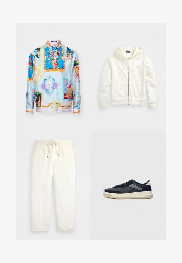 Biała bluza z kapturem na zamek błyskawiczny, z sznurkiem, kieszeniami z przodu, ściągaczami na rękawach oraz małym haftowanym logo po lewej stronie. Miękka bawełniana tkanina.; Jedwabna koszula zapinana na guziki z kolorowym, artystycznym nadrukiem przedstawiającym motywy kwiatowe i klasyczne, dominująca w odcieniach niebieskiego z akcentami różu i złota.; Jasna kremowa, casualowa para spodni wykonanych z miękkiego materiału. Posiada elastyczny pas ze sznurkiem i zwężający się krój nogawek.; BOSS BALTIMORE niebieski