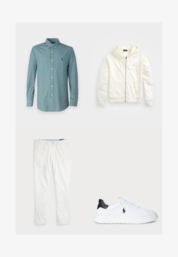 Valge tõmblukuga kapuutsiga sviiter, millel on reguleeritav kapuuts, esikäed, soonikust varrukad ja väike tikand logoga vasakul küljel. Pehme puuvillane kangas.; Polo Ralph Lauren CUSTOM FIT GINGHAM STRETCH POPLIN SHIRT - Pluus - green/white; Valged chino püksid, mis on valmistatud puuvillast, sirge lõikega, vöökohtadega, kahe külgtasku ja ühe tagataskuga. Sile tekstuur ja sirge jalg.; Valged madala varrega tennisesokid musta kandiga ja musta Polo Ralph Laureni logoga külgedel, valgete paeltega ja paksu kummitaldiga.