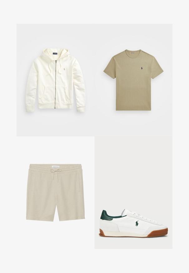 Felpa bianca con zip, cappuccio regolabile con cordino, tasche frontali, polsini a costine e un piccolo logo ricamato sul lato sinistro. Tessuto di cotone morbido.; Polo Ralph Lauren CLASSIC FIT HEAVYWEIGHT JERSEY T-SHIRT - T-shirt basic - classic khaki; Pantaloni corti color khaki realizzati in tessuto morbido, con vita con coulisse, due tasche laterali e una vestibilità comoda.; Sneaker bianco con accenti in pelle verde e una suola in gomma beige. Presenta un corpo in tessuto e un logo in evidenza sul lato. Design con lacci.