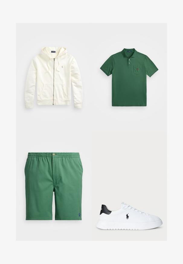 Sudadera blanca con cremallera y capucha ajustable, bolsillos frontales, puños acanalados y un pequeño logo bordado en el lado izquierdo. Tejido de algodón suave.; Camisa polo verde hecha de una mezcla de algodón, con cuello, tapeta de tres botones y un bolsillo en el pecho con un pequeño logo rojo.; Pantalones cortos de algodón verdes con una cintura elástica, que presentan un botón dorado, cremallera frontal y un pequeño logo azul en la parte inferior izquierda.; Zapatilla baja blanca con talón negro y logo negro de Polo Ralph Lauren en el lateral, con cordones blancos y suela de goma gruesa.