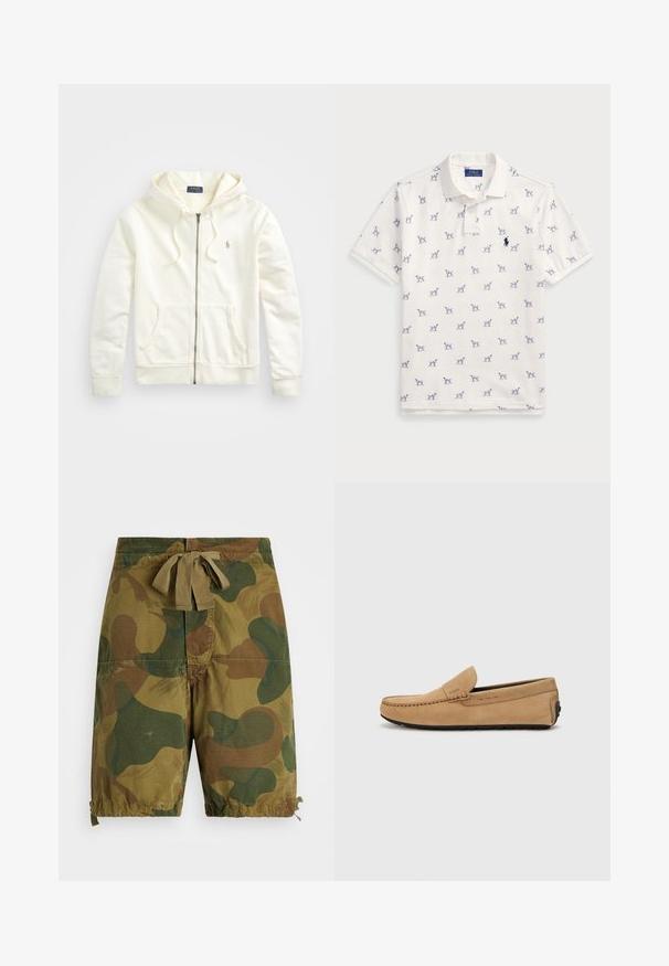 Biela zipsová mikina s kapucňou na šnúrku, predné vrecká, rebrované manžety a malá vyšitá logo na ľavej strane. Mäkká bavlnená tkanina.; Biely polo tričko vyrobené z bavlny, s opakujúcim sa modrým vzorom psíka a malým modrým logom na hrudi. Krátke rukávy a golier.; Maskovacie šortky v odtieňoch zelenej a hnedej, vyrobené z ľahkej tkaniny, s pásom na šnúrku a zberaním na spodnom leme.; Béžová semišová mokasína s prešitým špikom, jednoduchým obutím a čiernou gumovou podrážkou. Obsahuje jemné logo na boku.
