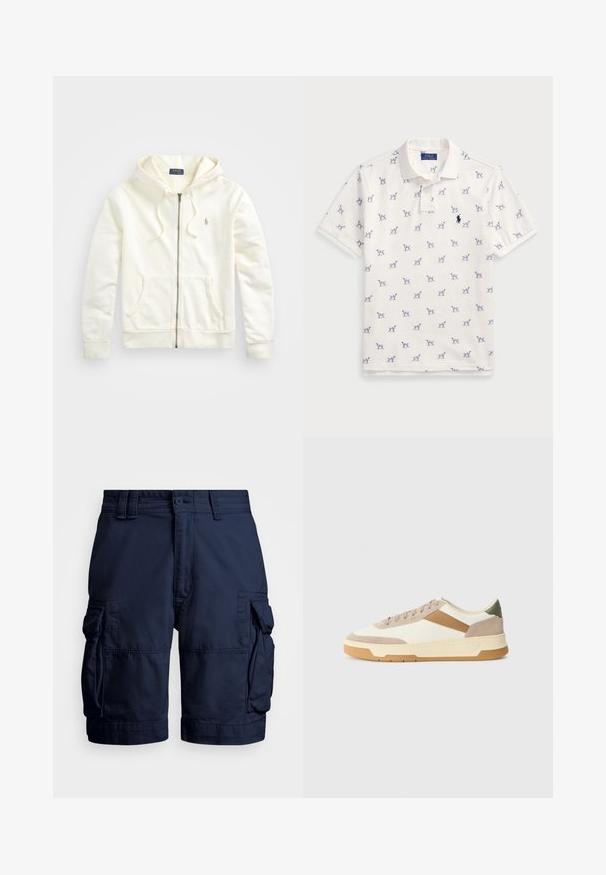 Bílá mikina na zip s kapucí na šňůrku, předními kapsami, žebrovanými manžetami a malým vyšívaným logem na levé straně. Měkká bavlněná látka.; Bílá polo tričko vyrobené z bavlny, s opakovaným modrým vzorem psů a malým modrým logem na hrudi. Krátké rukávy a límeček.; Námořnické modré cargo kraťasy vyrobené z lehké látky, s několika bočními kapsami, zapínáním na knoflík a rovnými lemy.; Tenisky v béžové, krémové a olivově zelené barvě, s materiály z jemné kůže a usně, kulatou špičkou, minimalistickým designem a gumovou podrážkou.