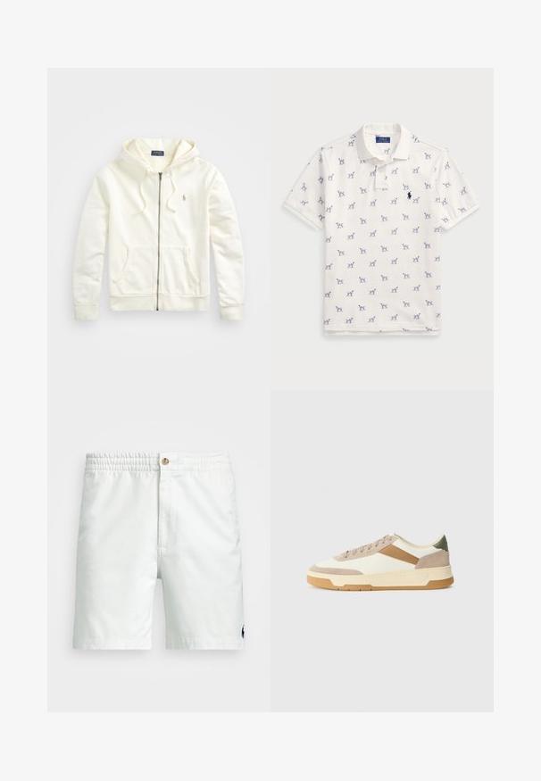 Bela zip-up kapuca z vrvico, sprednji žepi, rebrasti manšeti in majhnim vezenim logotipom na levi strani. Mehka bombažna tkanina.; Bela polo majica iz bombaža, ki vsebuje ponovljen modri vzorec psov in majhen modri logotip na prsih. Kratki rokavi in ovratnik.; Bela bombažna kratka hlače z elastičnim pasom, sprednjim gumbom za zapiranje in majhnim izvezenim logotipom na spodnji levi strani.; Superge v bež, kremni in olivno zeleni barvi, izdelane iz semiša in usnja, z okroglo kapico, minimalističnim dizajnom in gumijastim podplatom.