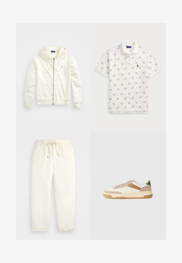 Vit zip-up hoodie med dragsko i huvan, framfickor, ribbade ärmmuddar och en liten broderad logotyp på vänster sida. Mjuk bomullstyg.; Vit polotröja i bomull med ett upprepat blått hundmönster och en liten blå logotyp på bröstet. Korta ärmar och krage.; Ljus krämfärgade, avslappnade byxor i mjukt tyg. Har elastisk midja med dragsko och smalnande bendesign.; Sneakers i beige, kräm och olivgrön, med material av mocka och läder, rund tå, minimalistisk design och gummisula.