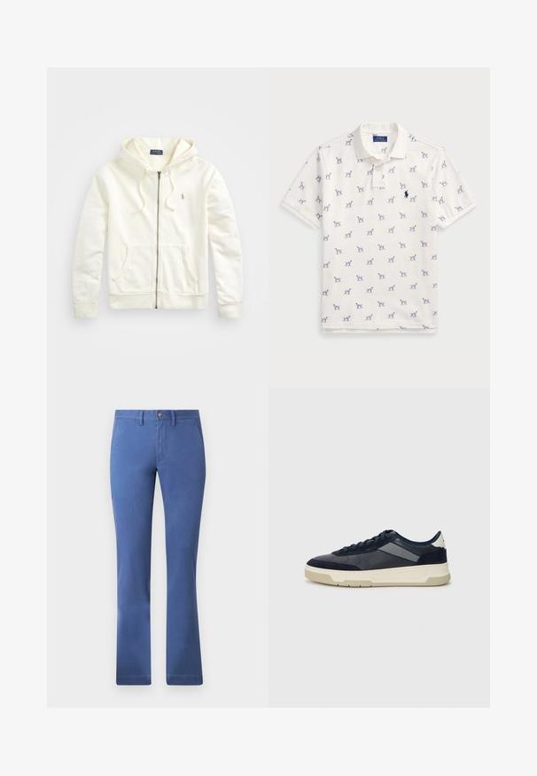Biała bluza z kapturem na zamek błyskawiczny, z sznurkiem, kieszeniami z przodu, ściągaczami na rękawach oraz małym haftowanym logo po lewej stronie. Miękka bawełniana tkanina.; Biała koszulka polo z bawełny, z powtarzającym się niebieskim wzorem psów i małym niebieskim logo na piersi. Krótkie rękawy i kołnierzyk.; Niebieskie spodnie bawełniane o prostym kroju nogawki, z zapięciem na guzik, funkcjonalnymi kieszeniami i gładką fakturą. Prosty i wszechstronny fason.; BOSS BALTIMORE niebieski