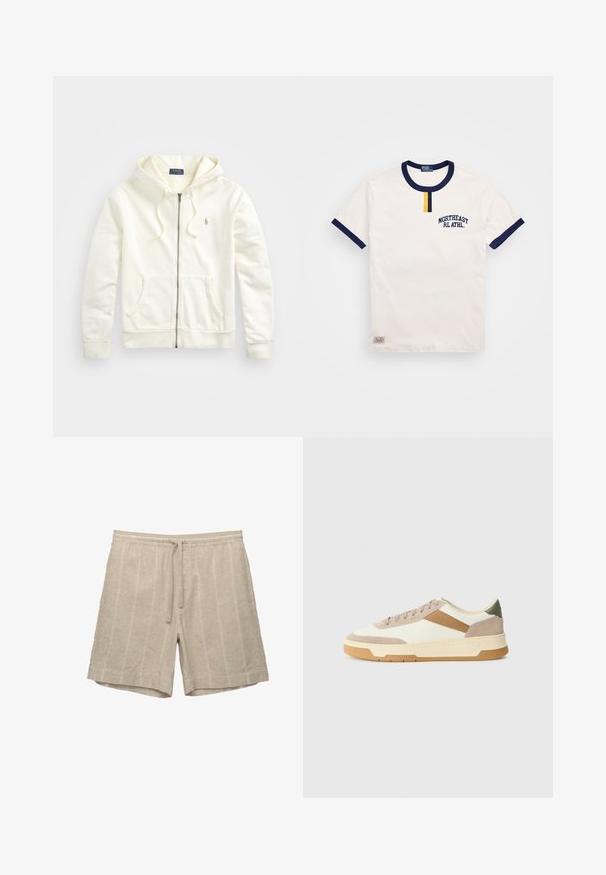 Vit zip-up hoodie med dragsko i huvan, framfickor, ribbade ärmmuddar och en liten broderad logotyp på vänster sida. Mjuk bomullstyg.; Vit bomullströja med marinblå rund halsringning och ärmdekorationer. Har en liten gul knappdetalj och broderad "NORTHEAST RL ATHL."; Beiga linnekortbyxor med horisontella ränder, elastisk midja och dragsko, med en avslappnad passform och mjuk textur.; Sneakers i beige, kräm och olivgrön, med material av mocka och läder, rund tå, minimalistisk design och gummisula.