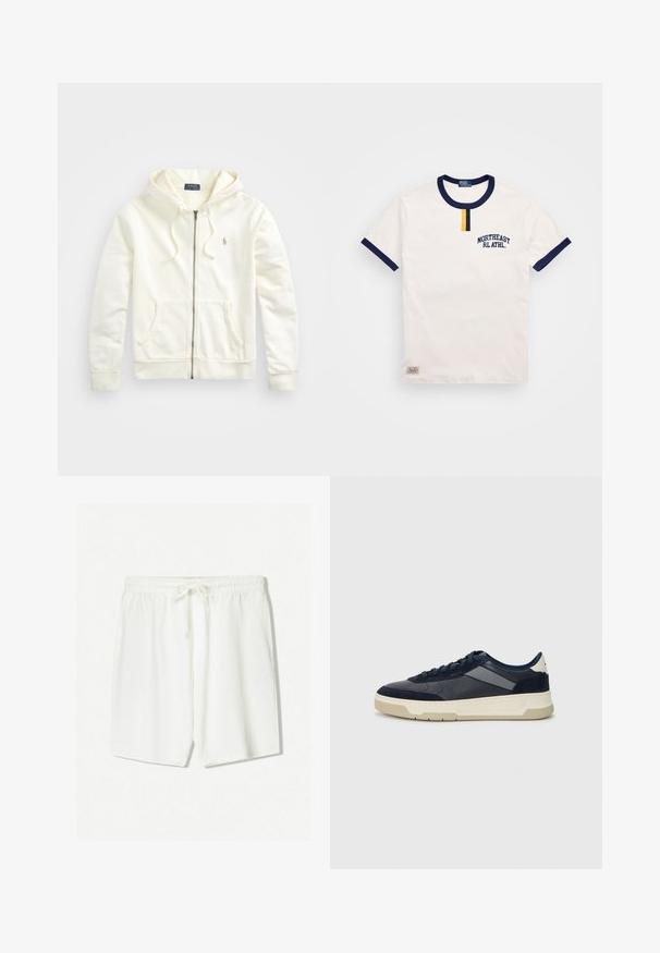 Biela zipsová mikina s kapucňou na šnúrku, predné vrecká, rebrované manžety a malá vyšitá logo na ľavej strane. Mäkká bavlnená tkanina.; Biela bavlnená tričko s námořní modrým okrúhlym výstrihom a akcentmi na rukávoch. Obsahuje malý žltý gombík a vyšívaný nápis "NORTHEAST RL ATHL."; Biele športové šortky vyrobené z ľahkého materiálu, s elastickým pásom a šnúrkou na stiahnutie, a bočnými vreckami. Hladký povrch.; BOSS BALTIMORE - Tenisky - open blue