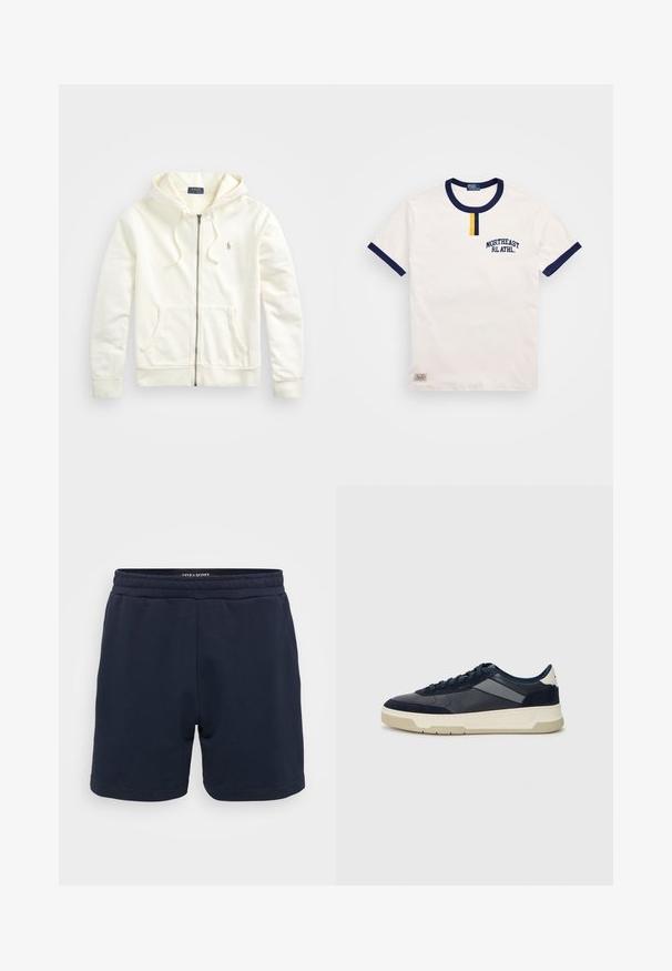 Bela zip-up kapuca z vrvico, sprednji žepi, rebrasti manšeti in majhnim vezenim logotipom na levi strani. Mehka bombažna tkanina.; Bela bomba majica iz bombaža s temno modrim okroglim izrezom in dodatki na rokavih. Ima detajl s majhnim rumenim gumbom in vezenino "NORTHEAST RL ATHL."; Temno modri bombažni kratki hlače z elastiko, ki imajo gladko teksturo in prišite robove. Mali logotip blagovne znamke na strani.; BOSS BALTIMORE - Športni copati - open blue