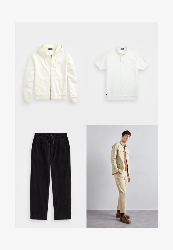 Sweat à zip blanc avec une capuche à cordon de serrage, des poches avant, des poignets côtelés et un petit logo brodé sur le côté gauche. Tissu en coton doux.; Polo shirt blanc en coton, avec un col classique, une patte de boutonnage à trois boutons et une poche sur la poitrine à gauche ; petit logo en bas.; Pantalons en velours côtelé noir avec une coupe décontractée, dotés d'une taille élastique avec cordon de serrage et de poches latérales. Le tissu présente une texture côtelée.; Veste en coton beige avec deux poches poitrine, portée sur une chemise marron et un pantalon beige assorti. Des bottines en cuir marron à la cheville viennent compléter la tenue.