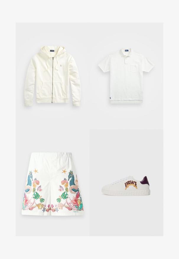 Sweat à zip blanc avec une capuche à cordon de serrage, des poches avant, des poignets côtelés et un petit logo brodé sur le côté gauche. Tissu en coton doux.; Polo shirt blanc en coton, avec un col classique, une patte de boutonnage à trois boutons et une poche sur la poitrine à gauche ; petit logo en bas.; Shorts blancs en tissu ornés de graphiques colorés sur le thème de l'océan, comprenant des hippocampes, des coquillages et des étoiles de mer, avec une taille élastique à cordon de serrage.; Baskets blanches Versace avec un dos violet, arborant un logo doré et un motif grec décoratif sur la semelle. Matériau lisse, bout rond.