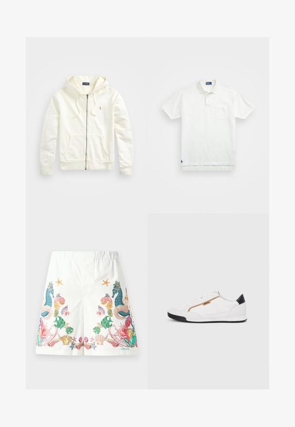 Baltas užtrauktuku užsegamas džemperis su reguliuojama kapišonu, priekinėmis kišenėmis, elastingomis rankovėmis ir mažuoju siuvinėtu logotipu kairėje pusėje. Minkšta medvilninė medžiaga.; Balta polo marškiniai pagaminti iš medvilnės, su klasikiniais kraštais, trijų mygtukų sprandeliu ir kairiuoju krūtinės kišeniu; mažas logotipas apačioje.; Balti audiniai šortai su spalvingais vandenyno tema piešiniais, įskaitant jūros arklius, kriaukles ir žvaigždėžuvės, su raišteliu juosmenyje.; Balti sportiniai bateliai su tinklinėmis ir odinėmis detalėmis. Yra auksinė "BOSS" logotipas, tekstūruoti šonai ir juodas kulno dangtelis. Guminis padas.