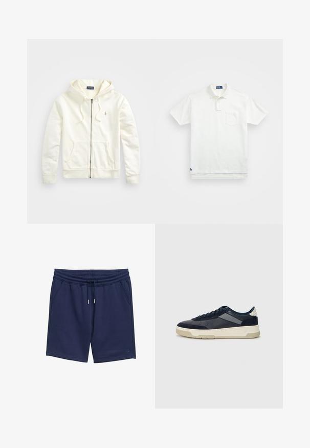 Biela zipsová mikina s kapucňou na šnúrku, predné vrecká, rebrované manžety a malá vyšitá logo na ľavej strane. Mäkká bavlnená tkanina.; Biela polo tričko vyrobené z bavlny, s klasickým golierom, trojbuttonovou légou a vreckom na ľavej hrudi; malé logo na spodnom leme.; Námornícke modré šortky vyrobené z mäkkej tkaniny, s elastickým pásom a šnúrkou, bočnými vreckami a jednoduchým logom.; BOSS BALTIMORE - Tenisky - open blue