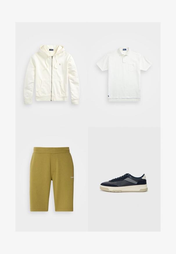 Witte hoodie met ritssluiting, een capuchon met trekkoord, voorzakken, ribgebreide manchetten en een klein geborduurd logo aan de linkerkant. Zachte katoenen stof.; Witte poloshirt van katoen, met een klassieke kraag, een knoopsluiting met drie knopen en een borstzak aan de linkerkant; klein logo aan de onderrand.; Olijfgroene shorts van een zachte katoenen mix, met een gladde textuur, elastische tailleband en een discreet logo aan de linkerkant.; BOSS BALTIMORE - Sneakers laag - open blue