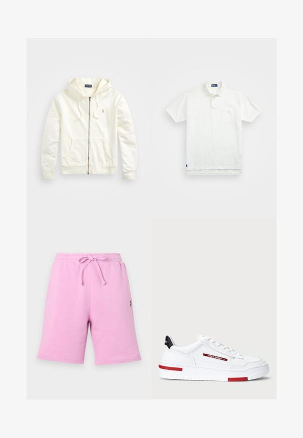 Bílá mikina na zip s kapucí na šňůrku, předními kapsami, žebrovanými manžetami a malým vyšívaným logem na levé straně. Měkká bavlněná látka.; Bílá polo košile vyrobená z bavlny, s klasickým límcem, tříknoflíkovou légou a kapsičkou na levé straně hrudi; malá nášivka na lemu.; Růžové bavlněné šortky s elastickým pasem a nastavitelnou šňůrkou. Obsahují boční kapsu a malý detail loga.; Bílé nízké tenisky s hladkou koženou texturou, s červenými a černými akcenty, prošívanými detaily a silnou bílou podrážkou.