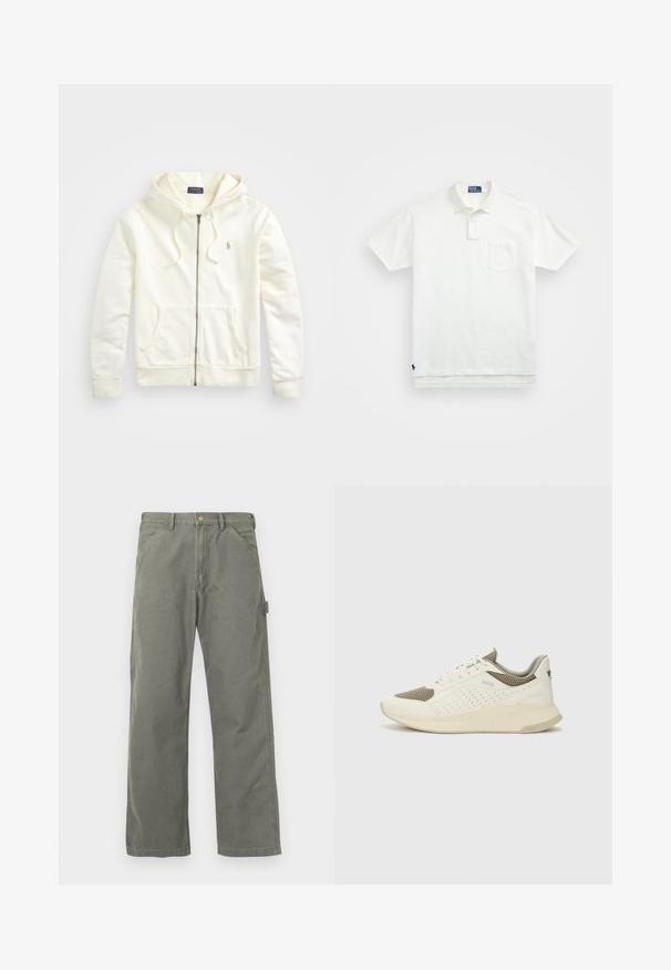White zip-up hoodie with a drawstring hood, front pockets, ribbed cuffs, and a small embroidered logo on the left side. Soft cotton fabric.; White polo shirt made of cotton, featuring a classic collar, three-button placket, and a left chest pocket; small logo at the hem.; Cargo pants in olive green, made of cotton blend. Features a straight leg design, side cargo pocket, and metal button closure.; White and light beige athletic sneaker, featuring a mesh upper, perforated detailing, and a textured midsole with branding on the heel.