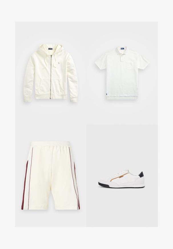 Weißer Zip-Hoodie mit einer Kordelzugkapuze, Fronttaschen, gerippten Bündchen und einem kleinen gestickten Logo auf der linken Seite. Aus weichem Baumwollstoff gefertigt.; Weißes Poloshirt aus Baumwolle, mit klassischem Kragen, Drei-Knopf-Leiste und einer linken Brusttasche; kleines Logo am Saum.; Helle Cremeshorts mit elastischem Bund, ausgestattet mit kastanienbraunen Seitenstreifen und glatter Textur, am Beinabschluss gesäumt.; Weiße Sportschuhe mit Mesh- und Lederelementen. Ausgestattet mit einem goldenen "BOSS"-Logo, strukturierten Seitenpaneelen und einer schwarzen Fersenkappe. Gummisohle.