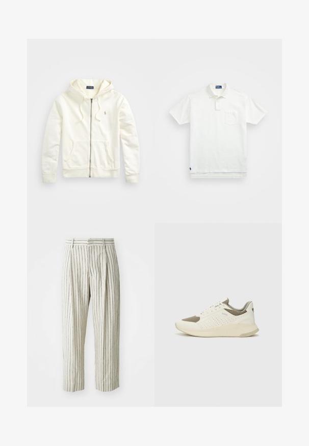 Biela zipsová mikina s kapucňou na šnúrku, predné vrecká, rebrované manžety a malá vyšitá logo na ľavej strane. Mäkká bavlnená tkanina.; Biela polo tričko vyrobené z bavlny, s klasickým golierom, trojbuttonovou légou a vreckom na ľavej hrudi; malé logo na spodnom leme.; Biele pásikavé nohavice vyrobené z ľahkej tkaniny, s voľným strihom, záhybmi a pásom s pútkami na opasok. Vertikálne námornícke pruhy.; Biele a svetlo béžové športové tenisky s hornou časťou z mriežkového materiálu, perforovanými detailmi a textúrovanou medzipodrážkou s logom na päte.