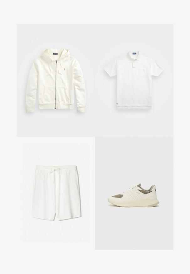 Hvid zip-up hoodie med snoretræk i hætten, frontlommer, ribbede manchetter og et lille broderet logo på venstre side. Blødt bomuldsstof.; Hvid polo-shirt lavet af bomuld, med en klassisk krave, tre-knaps knaplukning og en lomme på venstre bryst; lille logo ved kanten.; Hvide træningsshorts lavet af letvægtsstof, med en elastisk talje med snøre og sidelommer. Glat tekstur.; Hvide og lyse beige sportssko med en mesh-overdel, perforerede detaljer og en tekstureret mellemsål med branding på hælen.