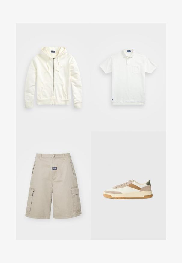 Felpa bianca con zip, cappuccio regolabile con cordino, tasche frontali, polsini a costine e un piccolo logo ricamato sul lato sinistro. Tessuto di cotone morbido.; Polo bianco in cotone, con colletto classico, placca con tre bottoni e taschino sul lato sinistro del petto; piccolo logo sull'orlo.; MISBHV PERFECT - Shorts - beige; Sneaker in beige, crema e verde oliva, con materiali in suede e pelle, punta rotonda, design minimalista e suola in gomma.