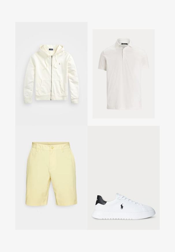 Bela zip-up kapuca z vrvico, sprednji žepi, rebrasti manšeti in majhnim vezenim logotipom na levi strani. Mehka bombažna tkanina.; Bela kratkosleeve polo majica s ovratnikom i dva gumba, prikazana na jednostavnoj svijetloj pozadini.; Rumene bombažne kratke hlače z ravnim sprednjim delom, zankami za pas, eno gumbom za zapiranje in stranskimi žepi. Preprosti obrobljeni robovi.; Bela nizka športna obutev s črnim petnim delom in črnim logotipom Polo Ralph Lauren na strani, z belimi vezalkami in debelim gumijastim podplatom.